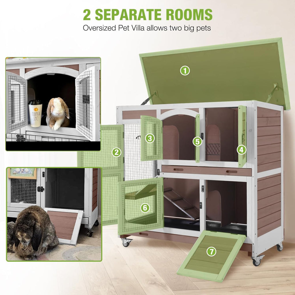 GUTINNEEN Large Rabbit Hutch Wooden Bunny Cage Indoor with Chew-Proof Ramp, 2-Story Guinea Pig Cages with Casters, Pull-Out Trays for Rabbits, Guinea Pigs, 47.2" L x 19.7" W x 42.1" H