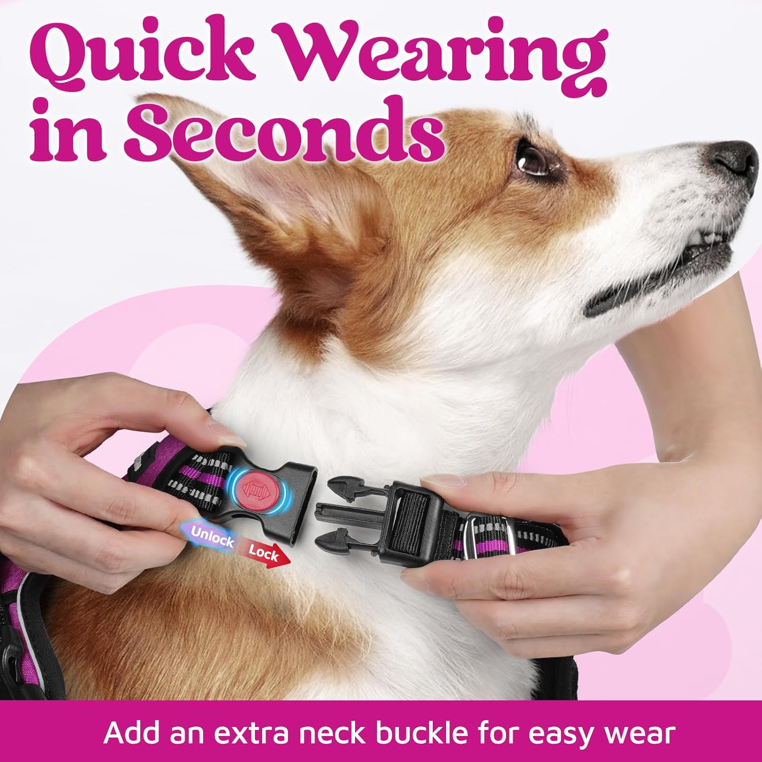 rabbitgoo Dog Harness for Large Dogs, No Pull Pet Vest with 3 Buckles, Adjustable Soft Padded Pet Harness with Easy Control Handle and Reflective Strips, Purple, L