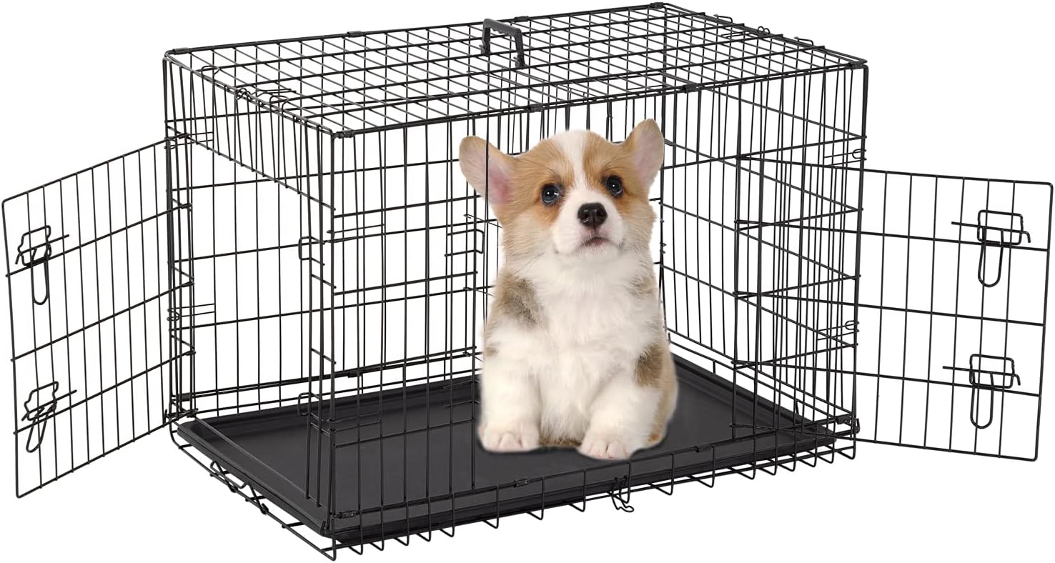 FDW Dog Crate for Medium Dogs 30 Inch Folding Metal WirePet Cage Double Door W/Divider Panel Indoor Outdoor Kennel Leak-Proof Plastic Tray,Black