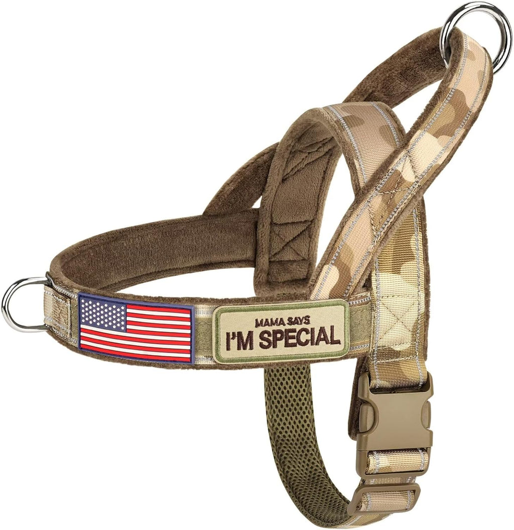 Forestpaw No Pull Dog Harness - Soft Flannel Padded Tactical Dog Vest Harness with Quick Release Buckle, Adjustable Reflective Pet Harness for Medium Dogs Walking Training,Brown Camouflage M