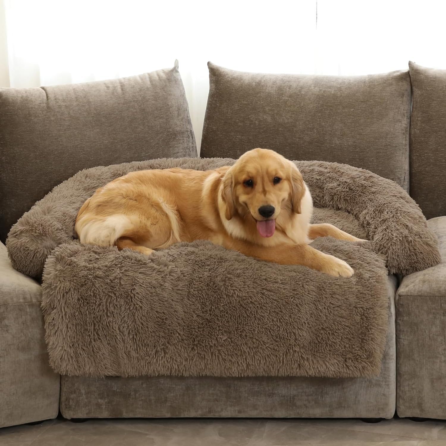 Calming Dog Bed Fluffy Plush Dog Mat for Furniture Protector with Removable Washable Cover for Large Medium Small Dogs and Cats (Extra Large (53x39.3x6), Camel)