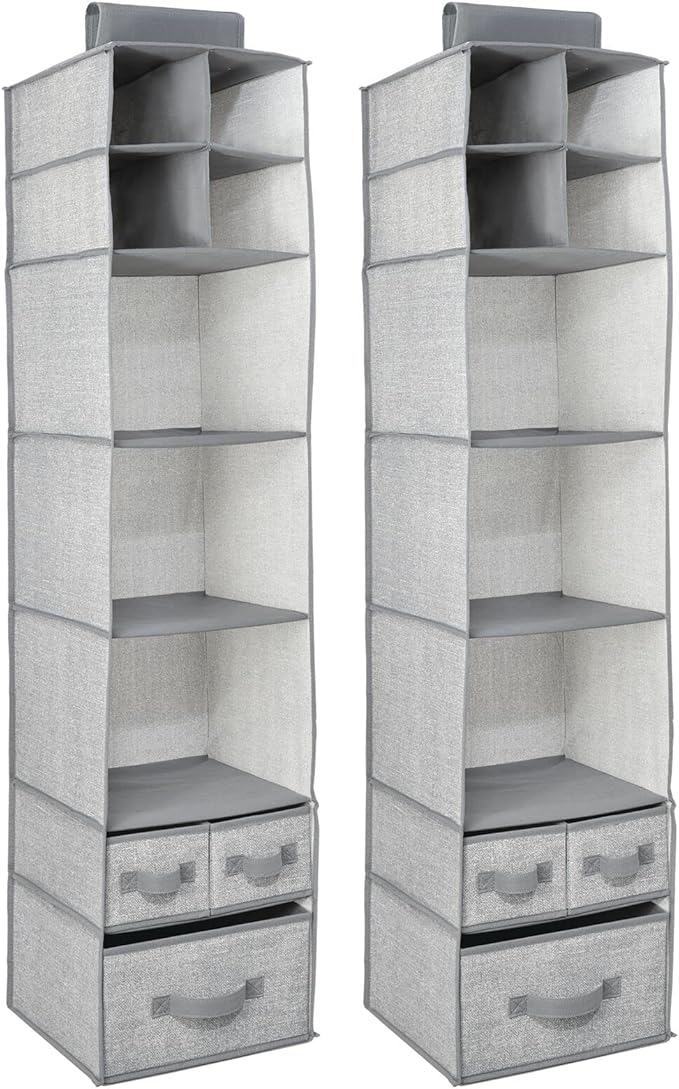 mDesign Fabric Hanging Organizer - Closet Rod Storage - 7 Shelves/3 Drawers for Baby Nursery Bedroom Organization - Hold Clothes, Linens, Toys, Accessories - Lido Collection - 2 Pack - Gray