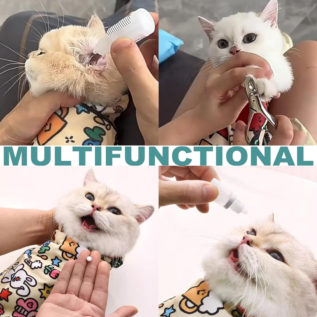 Cat Grooming Wrap, [XXL] Cat Restraint Wrap for Nail Clipping, Ear Cleaning, and Teeth Brushing, Self-Adherent, Anti-Bite, Anti-Scratch, Anti Scratch, Cow White