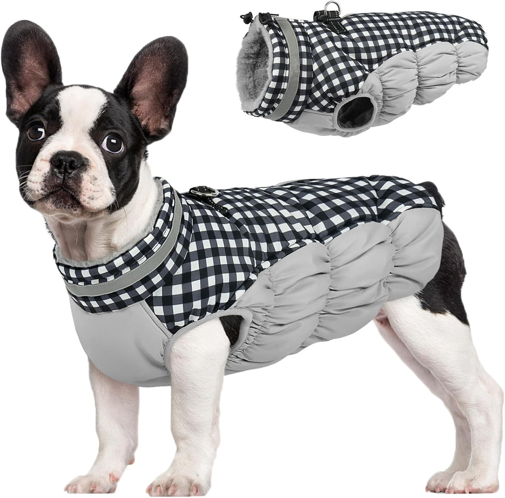 FUAMEY Dog Coat for Small Dogs,Waterproof Dog Winter Jacket with Harness Built in Puppy Cold Weather Coats Reflective Pet Vest with Zipper Warm Fleece Dogs Snowsuit Windproof Checkerboard S