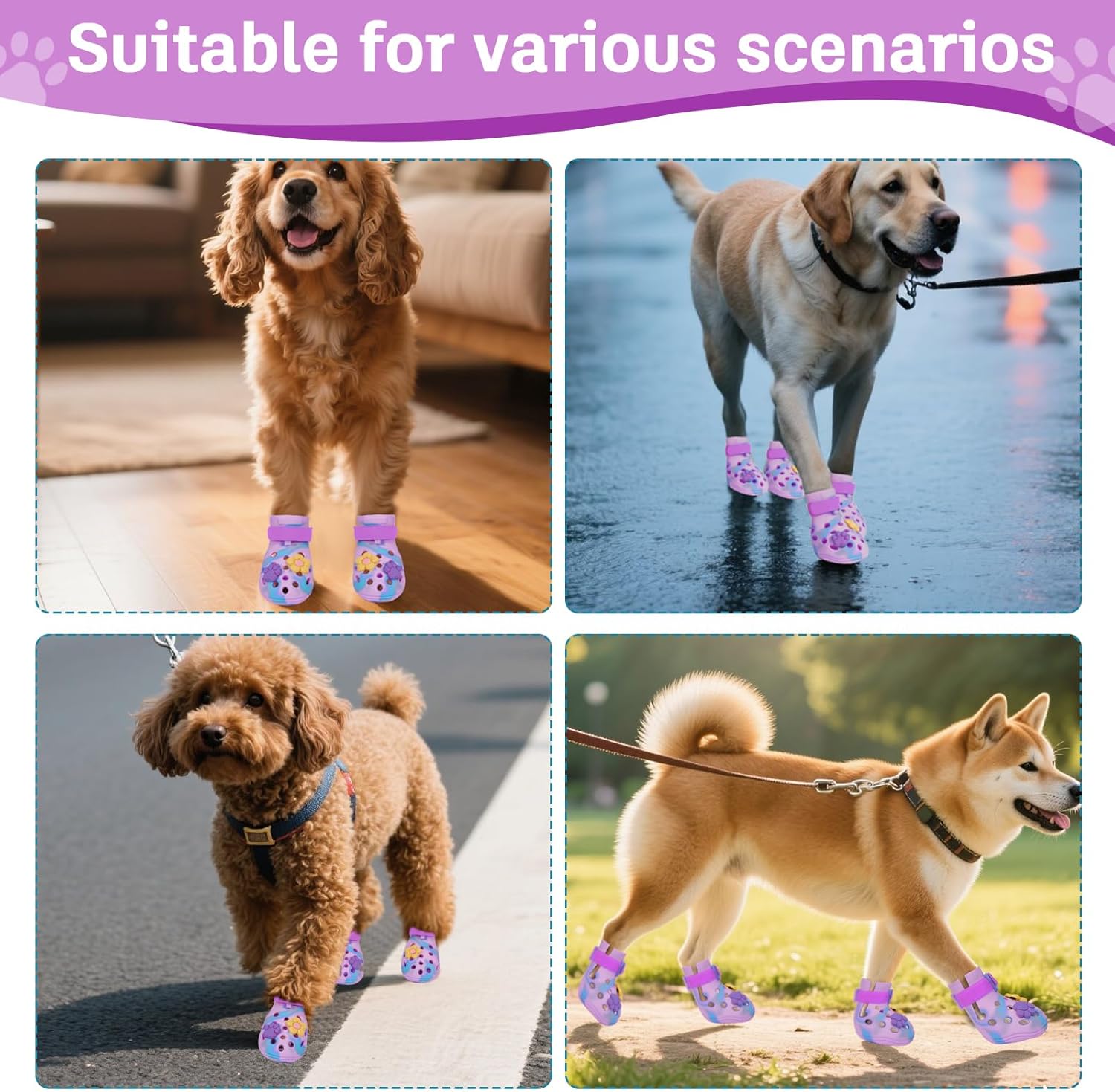 Dog Shoes for Hot Pavement, Adjustable Magic Tape Boots for Small, Medium & Large Dogs, Anti-Slip, Easy to Clean Paw Protectors for Beach, Outdoor & Hot Weather (Purple M)