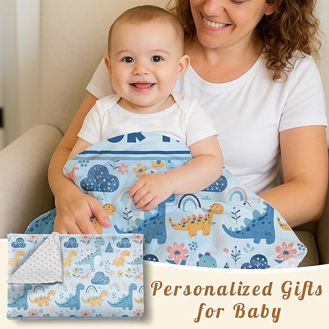 Personalized Baby Blankets for Boys Girls, Custom Baby Blanket with Name, Receiving Swaddle Blanket Suitable for Infants & Toddler, Nursery Newborn Baby Crib, Dino(47" x60)