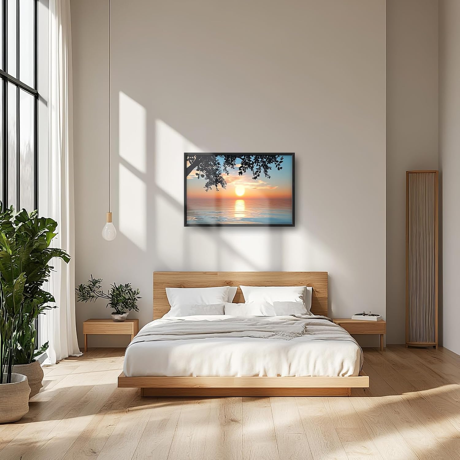 Framed Large Lake Sunset Wall Art, Oversized Natural Landscape Wall Decor for Living Room, Tree Leaves Canvas Painting Pictures Home Decoration for Living Room Bedroom Office 36"x24"