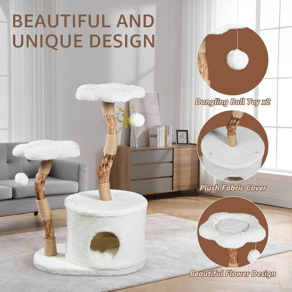 NATURAL EXPRESSIONS Modern Cat Tree and Tower for Indoor, Luxury Solid Wood Condo for Large Cats, Flower Cat Tree with Scratching Post, Cat Climbing Furniture with Cat Hiding Enclosure
