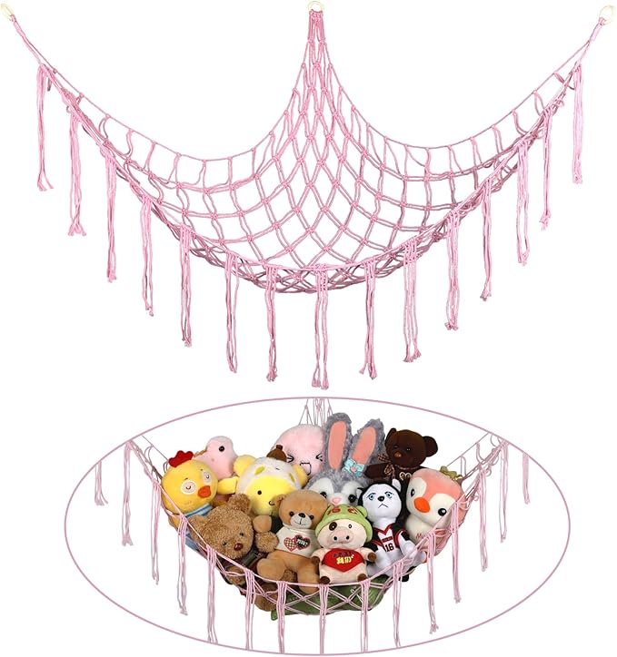 Stuffed Animal Hammock Corner, Hand-knitted Large Plushie Net Toy Hammock with Wooden Rings | Boho Cute Stuff Animal Storage for Nursery & Bedroom | Mesh Kids Toy Organizer Holder Nursery Room Decor