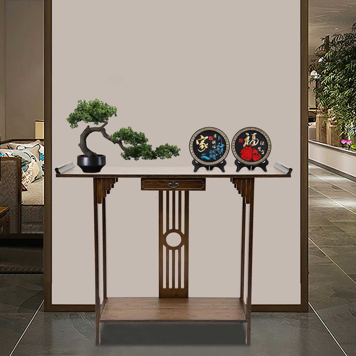 Console Table with Storage Shelves, 2 Tiers L 40.1” Narrow Sofa Table with Drawers, Bamboo Entryway Table for Small Spaces, Living Room Hallway Foyer Corridor Wood Entry Table