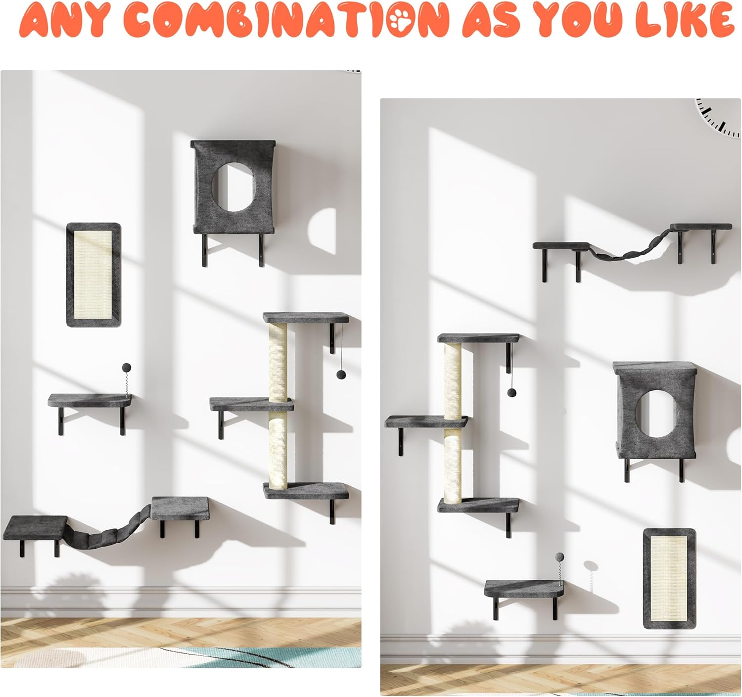 NUNU LAB Cat Wall Shelves Set, 5 Pcs Wall-Mounted Cat Climber with Condo House, Bridge Ladder, Scratching Post, Indoor Cat Furniture Set, Gray