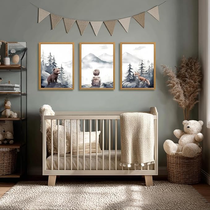 kilamino Neutral Woodland Wild Animal Wall Art, Cute Bear Fox Nursery Wall Decor, Adventure Boy Poster Prints, Vintage Forest Animal Canvas Paintings for Baby Room Playroom Wood Framed 16"x24"x3