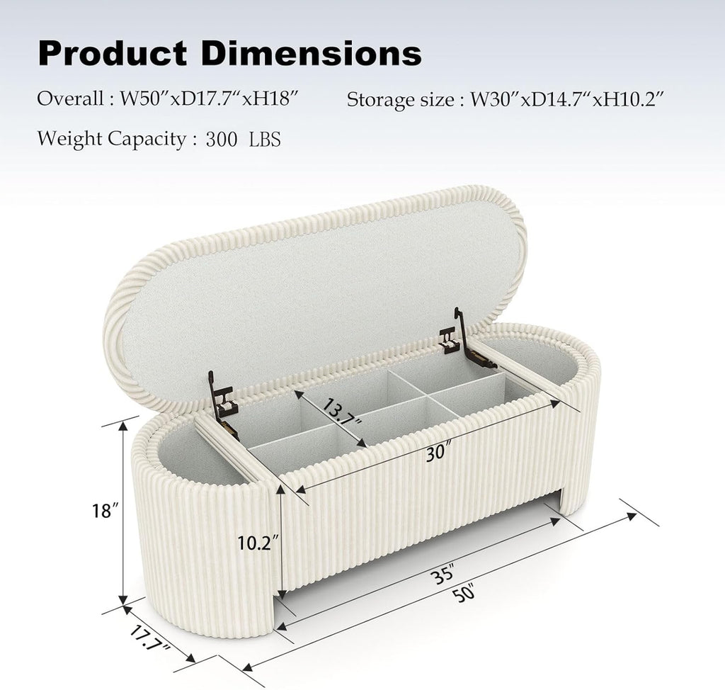Storage Ottoman Bench Upholstered Corduroy End of Bed with Safety Hinge for Bedroom, Living Room, Entryway, Closet, Stool Modern Design Legs, No Installation Needed, White