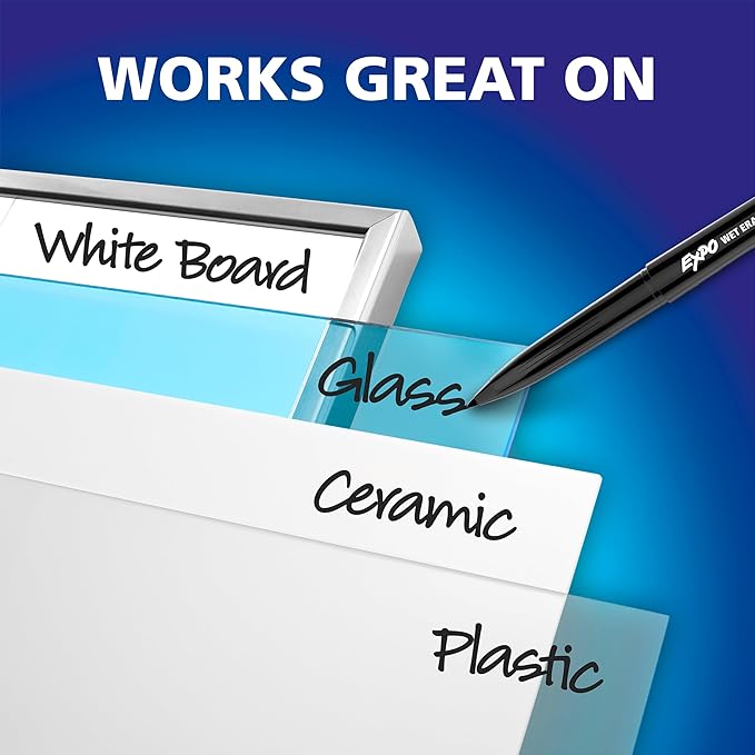 EXPO Wet Erase Markers, Semi-Permanent, Black, Ultra Fine Tip, 12 Count - For Writing on Glass, Whiteboards, Mirrors, Calendar, Labeling, Organizing