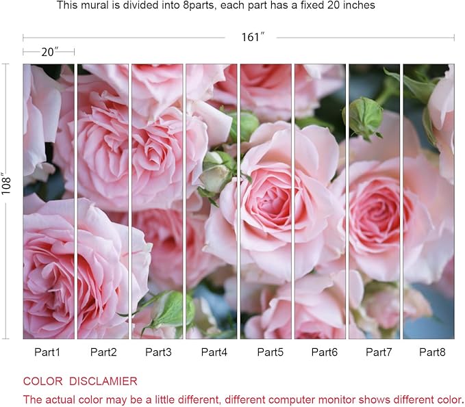 Soft Pink Roses Wall Mural Wallpaper for Bedroom Living Room Nursery (Not Peel n' Stick)