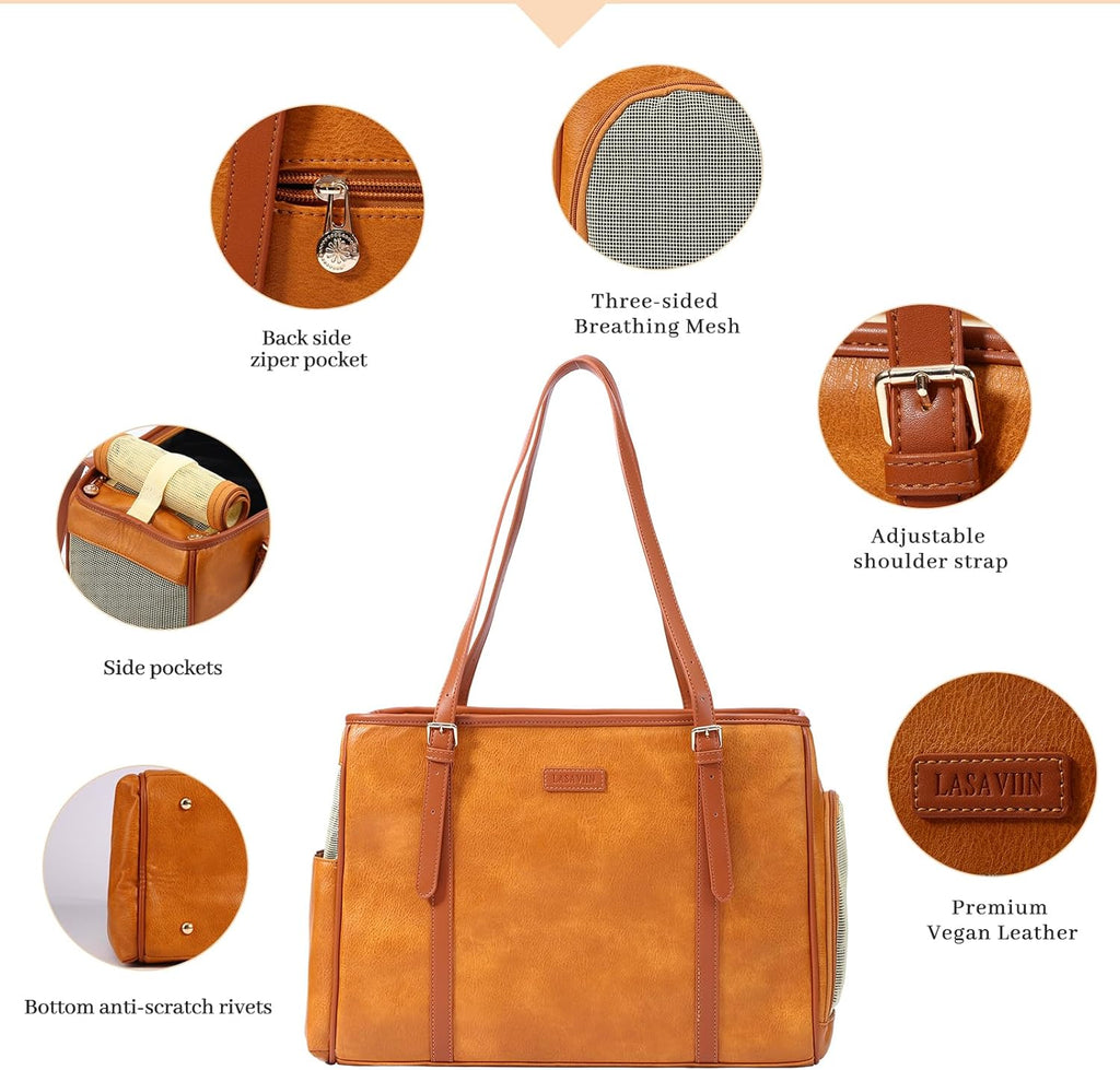 Fashion Dog Purse Pet Carrier Leather Bag for Small Dogs Cats Puppy, Portable Tote Bag Airline Approved Soft-Sided Carriers (Brown)