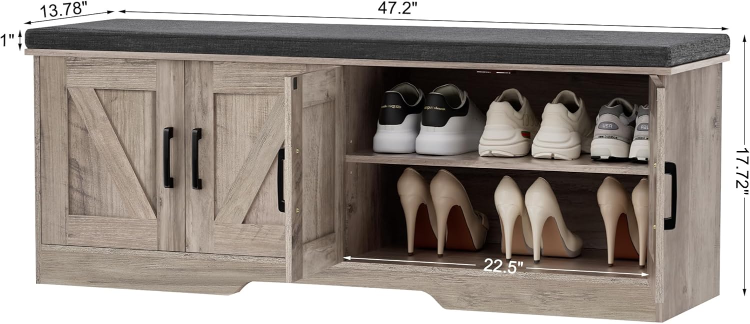 2-Tier Storage Bench, Shoe Bench with Padded Seat Cushion, Entryway Bench with 4 Barn Doors, Adjustable Shelf, 13.8" D x 47.2" W x 17.7" H, for Entryway, Living Room, Bedroom, Greige