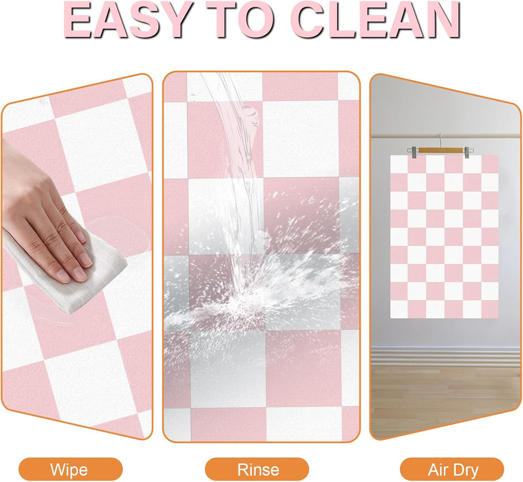 Cat Food Mat - 12"x 20" Cat Dog Mats for Food and Water Bowl, Checkered Pet Placemat Feeding Mat, Non-Slip Under Pet Bowls Mats for Messy Drinkers, Pink & White