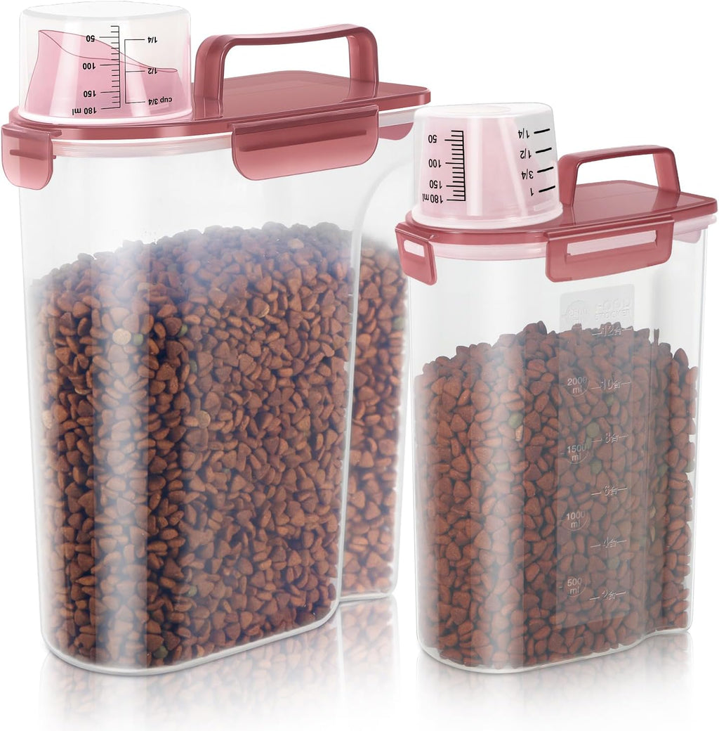 Dog Food Storage Container, Upgraded Large Nozzle BPA-free, 8-12 LBS Plastic Pet Food Storage Containers, With 4 Sealed Clasps, 1 Measuring Cup and Handle (2, Clear Pink, (3L+5L))