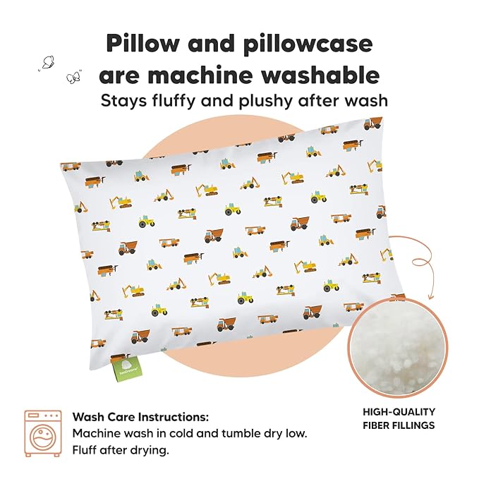 Toddler Pillow with Pillowcase - 13x18 My Little Dreamy Kids Travel Bed Pillows for Sleeping, Organic Cotton Small Pillowcase, Soft & Breathable, Machine Washable, Toddlers 2-5 years old(Construction)