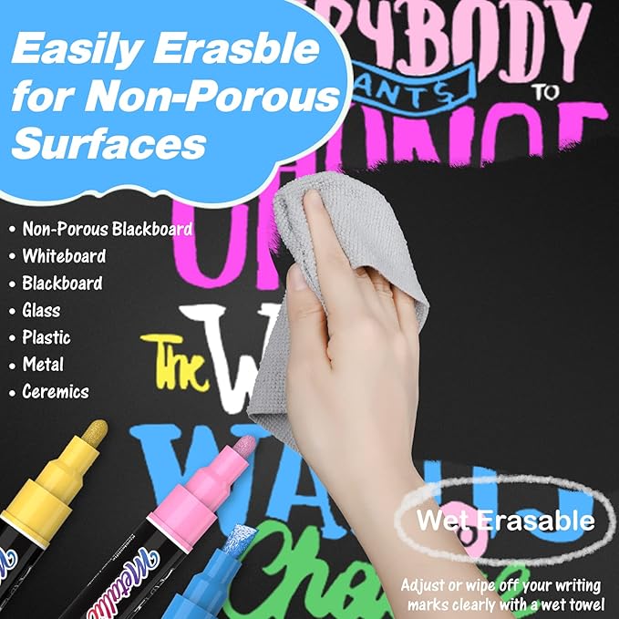 Liquid Chalk Markers Pens - 10 Metallic Colors Washable & Wet Erase Chalk Pens for Blackboard, Chalkboard Signs, Glass Window, Graduation Celebration School Kids Art - Erasable Window Markers for Cars