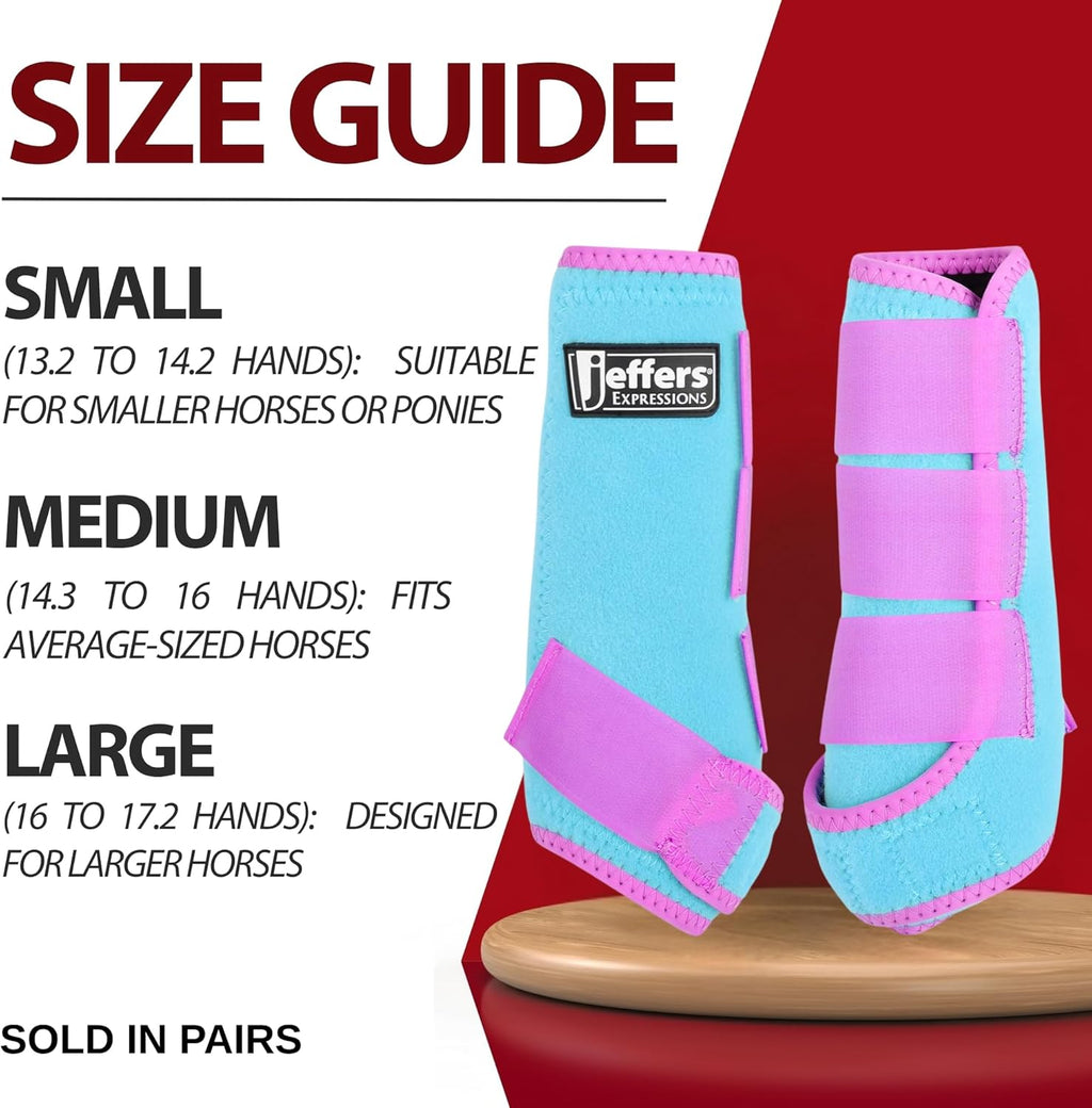 Jeffers Equine Neon Horse Boots – 1 Pair – Turquoise & Purple – Medium Size – Breathable Neoprene, Secure Straps Closures – Durable Protection for Front & Hind Legs, Trail & Riding Use