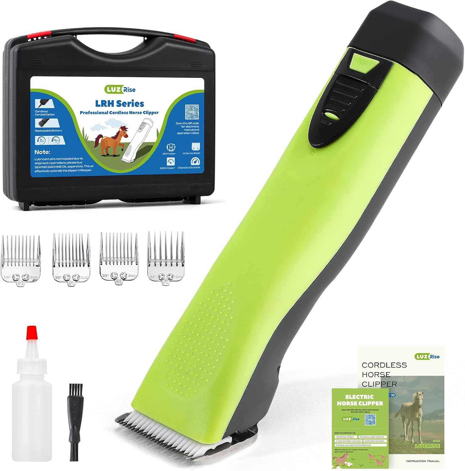 Cordless Horse Clippers, Professional Pet Grooming Clippers, 2 Speed Pet Trimmer with 4 Magnetic Guide Comb, Detachable Blade, Low Noise< 50db for Horse,Pony,Cat,Dog,Goat