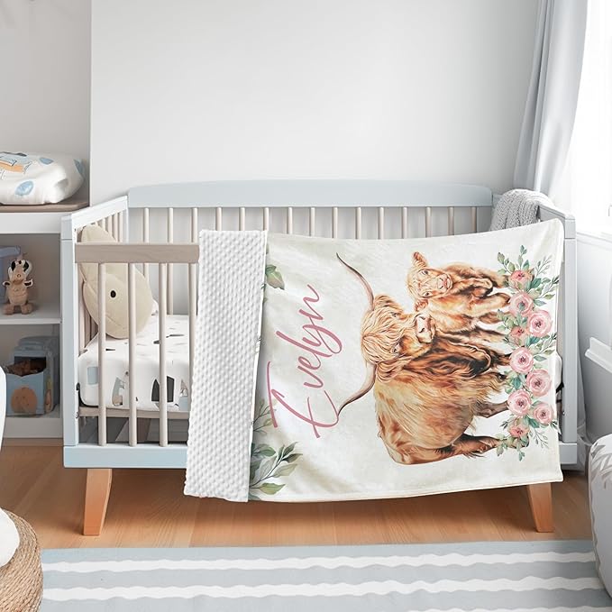 Personalized Baby Blanket for Boys, Custom Name Blanket for Girl Newborn Mom, Soft Flannel with Double Layer Dotted Backing, Gifts for Baby Shower Christmas Birthday, Highland Cow(60" x80)