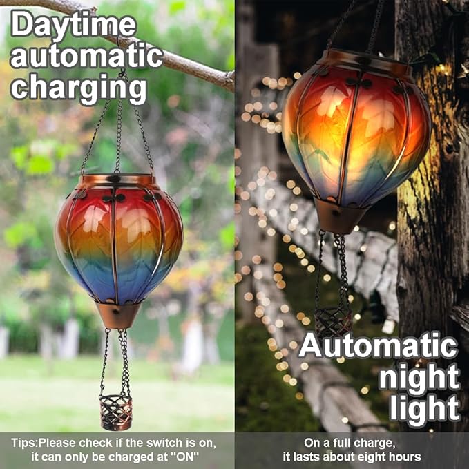 Hot Air Balloon Solar Lantern with Flickering Flame, Glass Hanging Garden Lights Outdoor Waterproof for Tree Yard Patio Mother's Day Gift, 18" H