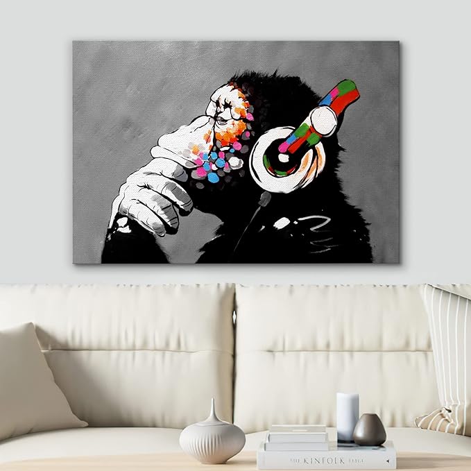 SIGNWIN Framed Canvas Wall Art Banksy Thinking Monkey with Headphones Graffiti & Street Art Famous People Pop Art Modern Urban Multicolor for Living Room, Bedroom, Office - 32x48 inches