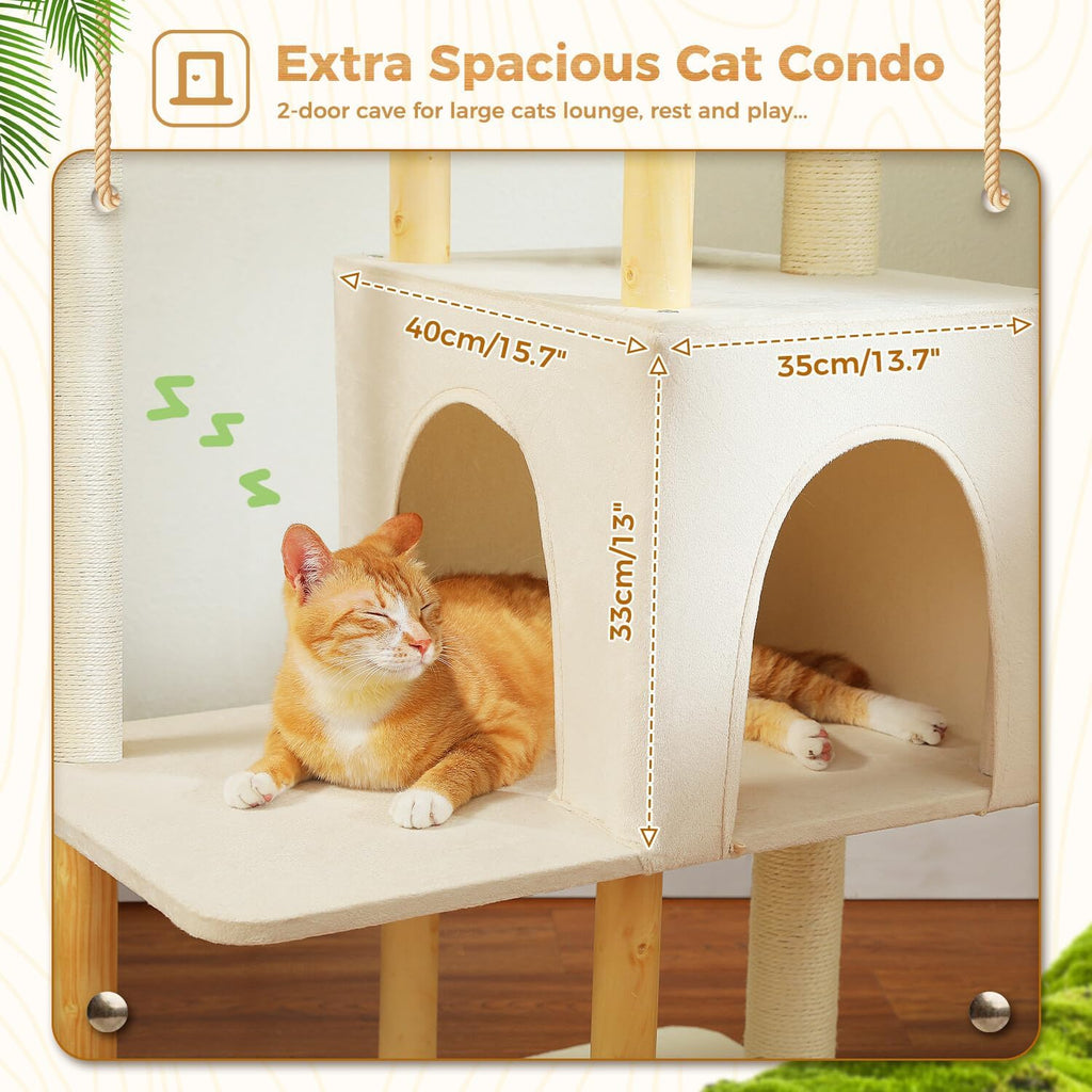 PAWZ Road Large Cat Tree, 53 Inches Modern Wooden Cat Tower for Indoor Large Cats, Multi-Level Cat Condos with Long Scratching Posts and Natural Wood Posts-Beige