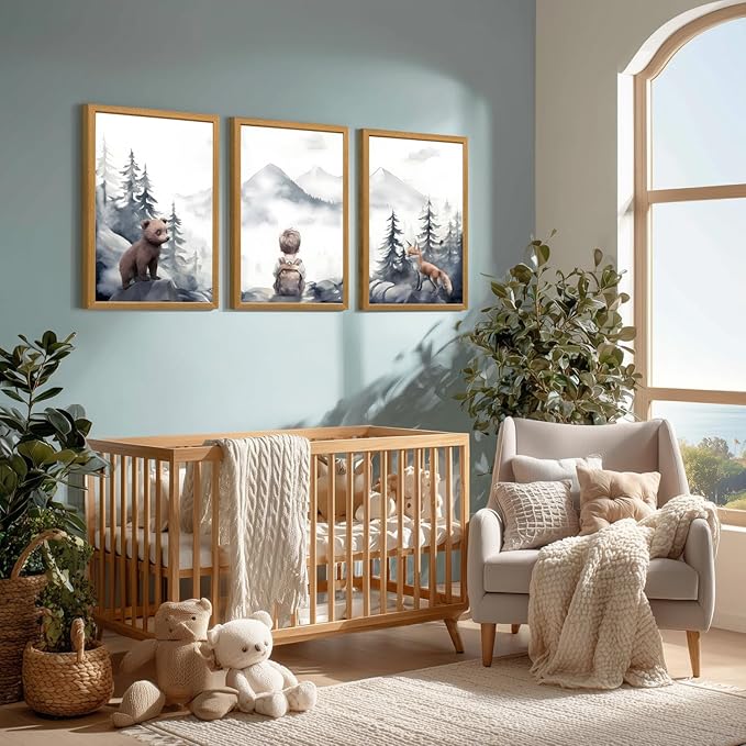 kilamino Neutral Woodland Wild Animal Wall Art, Cute Bear Fox Nursery Wall Decor, Adventure Boy Poster Prints, Vintage Forest Animal Canvas Paintings for Baby Room Playroom Wood Framed 12"x16"x3