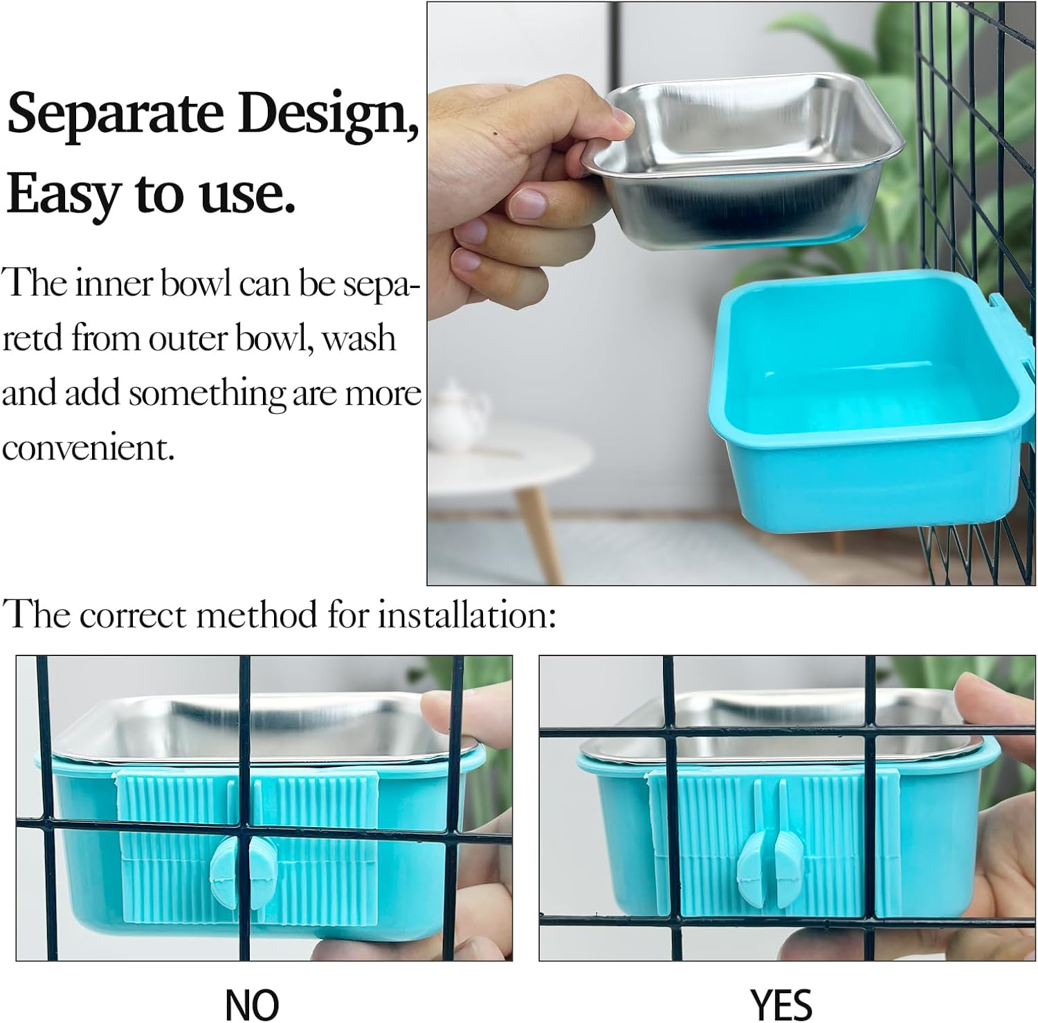 kathson Crate Dog Bowl, Removable Stainless Steel Hanging Pet Kennel Cage Bowl Food & Water Feeder Coop Cup for Puppy, Cat, Rabbit,Guinea Pigs 2pcs Square(Blue,Green)