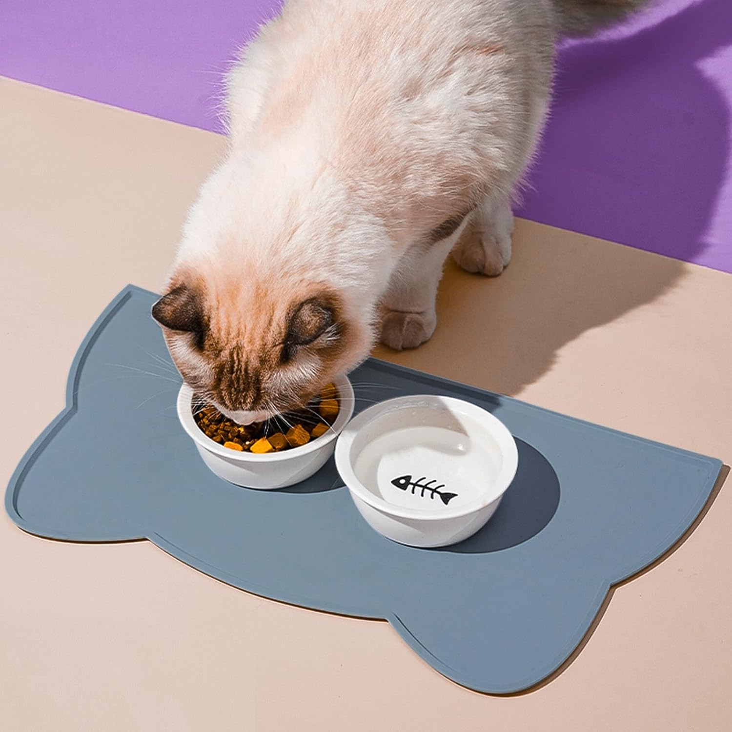Cat Food Mat, Silicone Pet Feeding Mat for Floor Non-Slip Waterproof Dog Water Bowl Tray Cushion (17" x 10", Stone Blue)