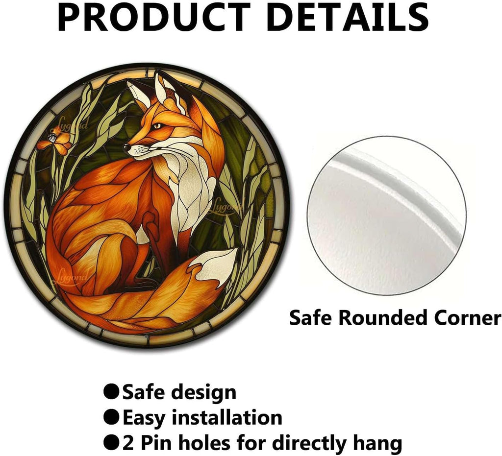 Lygond Metal Sign Tin Sign Circular Stained Glass Red Fox Sign Garden Outside for Patio 12×12 Inches