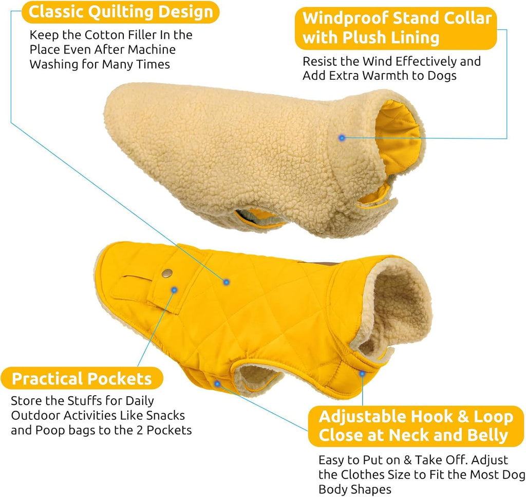 Queenmore Dog Winter Coat Warm Puffer Jacket Waterproof Plush Lining Thermal Cold Weather Vest for Small Medium Large Dogs, Windproof Easy On Pet Jacket Yellow M