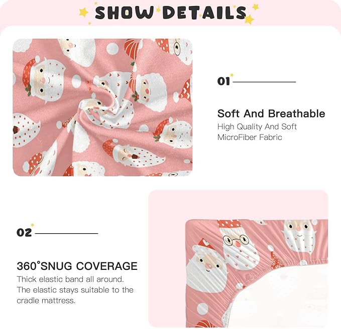 Santa Pink Christmas Crib Sheets Soft Breathable Fitted Baby Crib Sheets Mattress Cover for Girl Boys, 52" x 28" x 9"