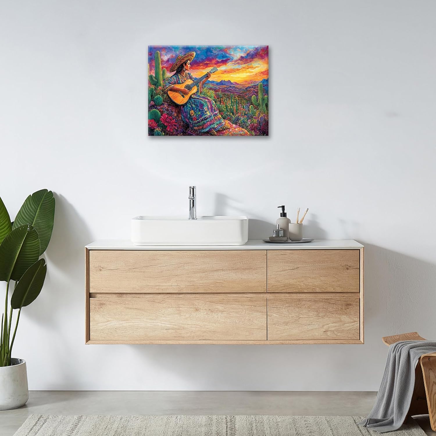 Mexican Women Pictures Wall Art, Cactus Landscape Bathroom Wall Decor, Nature Scenery Aesthetics Framed Painting Desert Modern Canvas Artwork for Bathroom Bedroom Living Room Decorations 24"L x 16"W