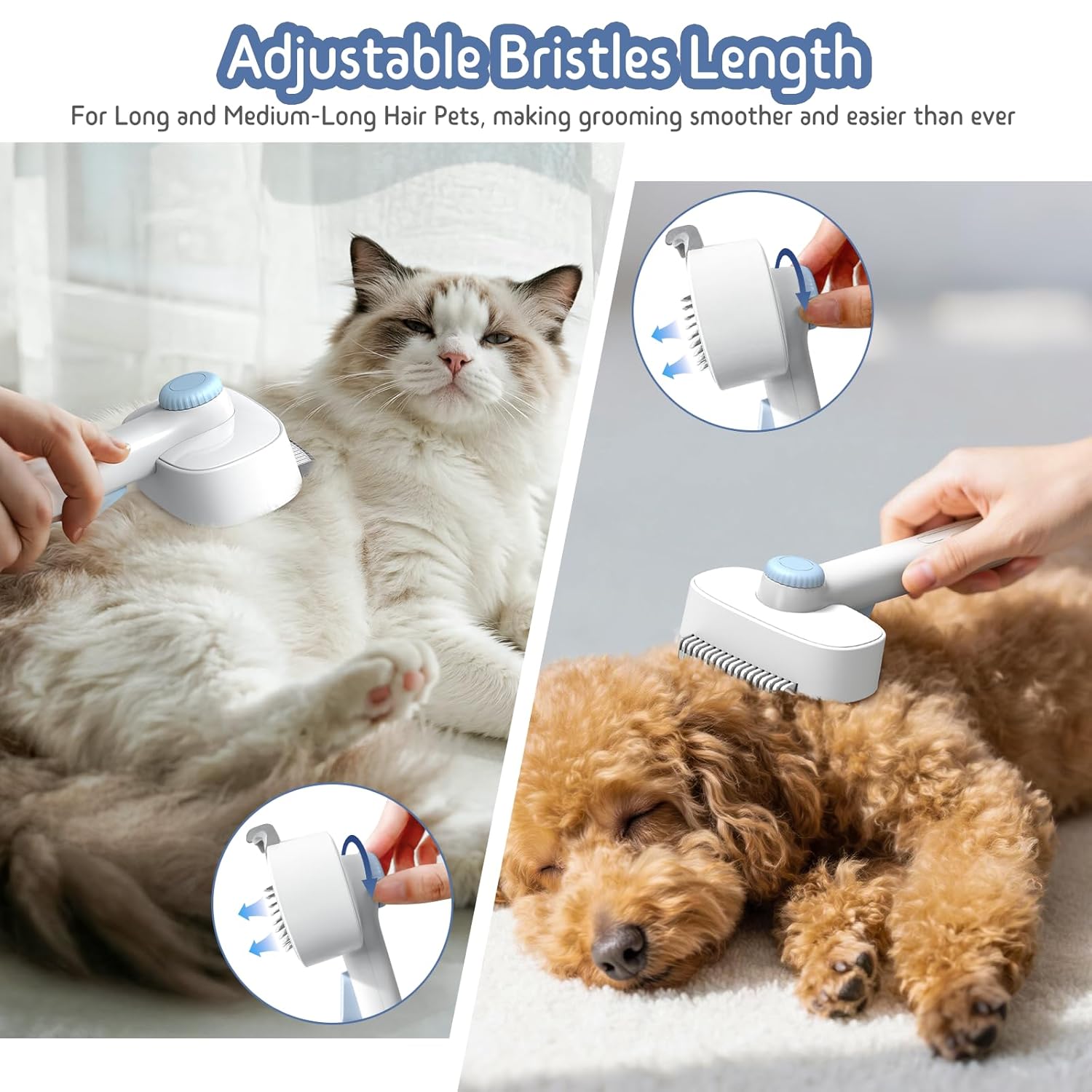 Self Cleaning Slicker Brush, 2-in-1 Cat Brush for Shedding, Skin Friendly Grooming Tool for Long & Medium-Long Hair Pets, Adjustable Bristle Length with Dematting Comb for Cats, Dogs (Blue)