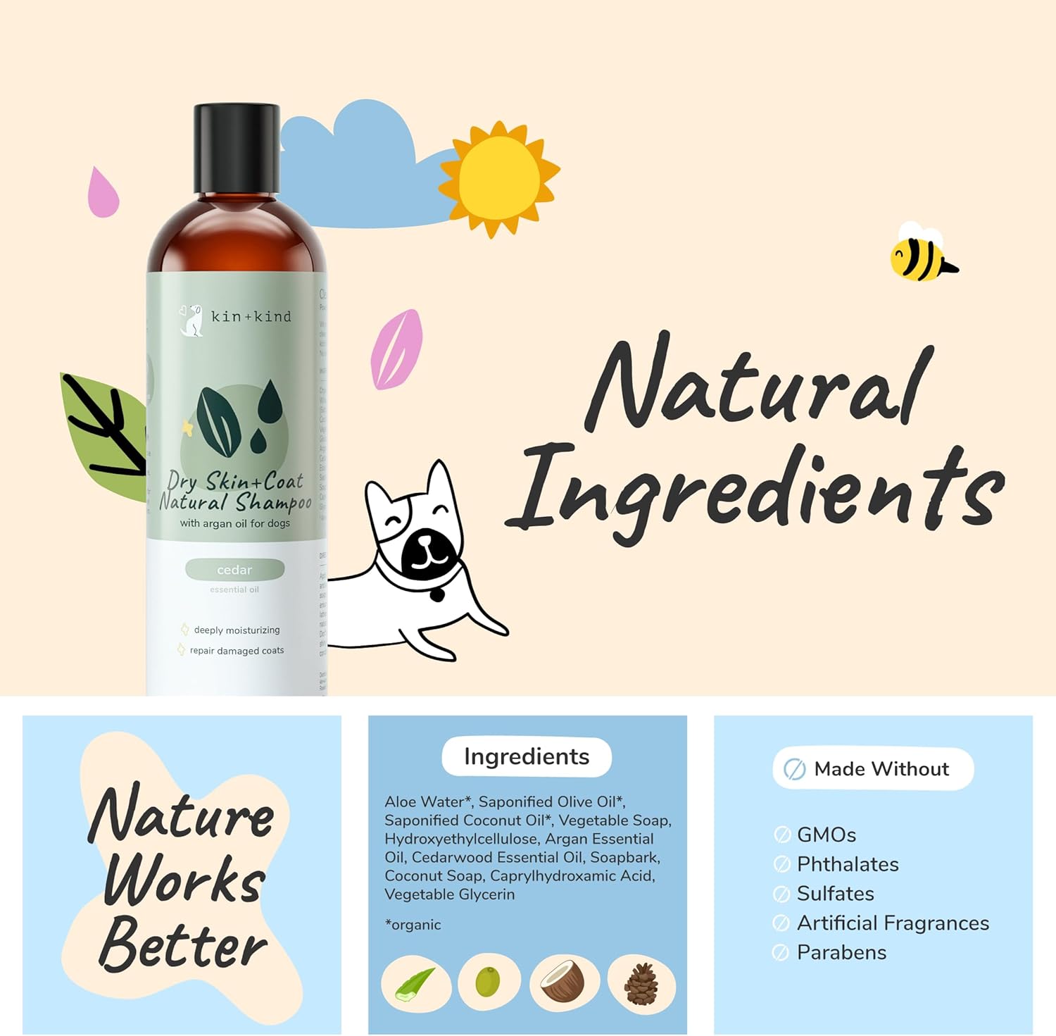kin+kind Dog Shampoo for Dry, Itchy Skin and Coat Relief - Safe, Natural Formula with Olive Oil, Coconut Oil, Cedarwood - Made in The USA - Dog Grooming, Puppy Supplies, and Dog Accessories(12 fl oz)