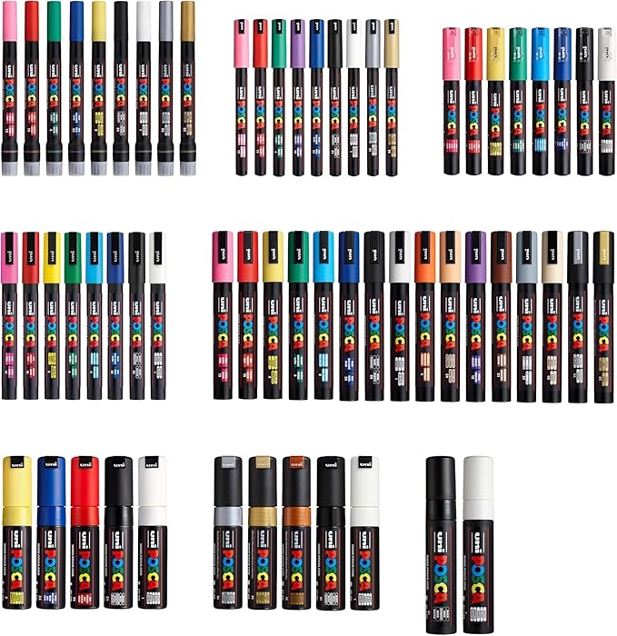 Posca Exclusive Holiday Paint Markers Gift Set of 62 with Case, Great for Kids and Adults, For Coloring Christmas Decorations, Canvas, Glass or Wood, Includes 350, 1MR, 1M, 3M, 5M, 7M, 8K, & 17K