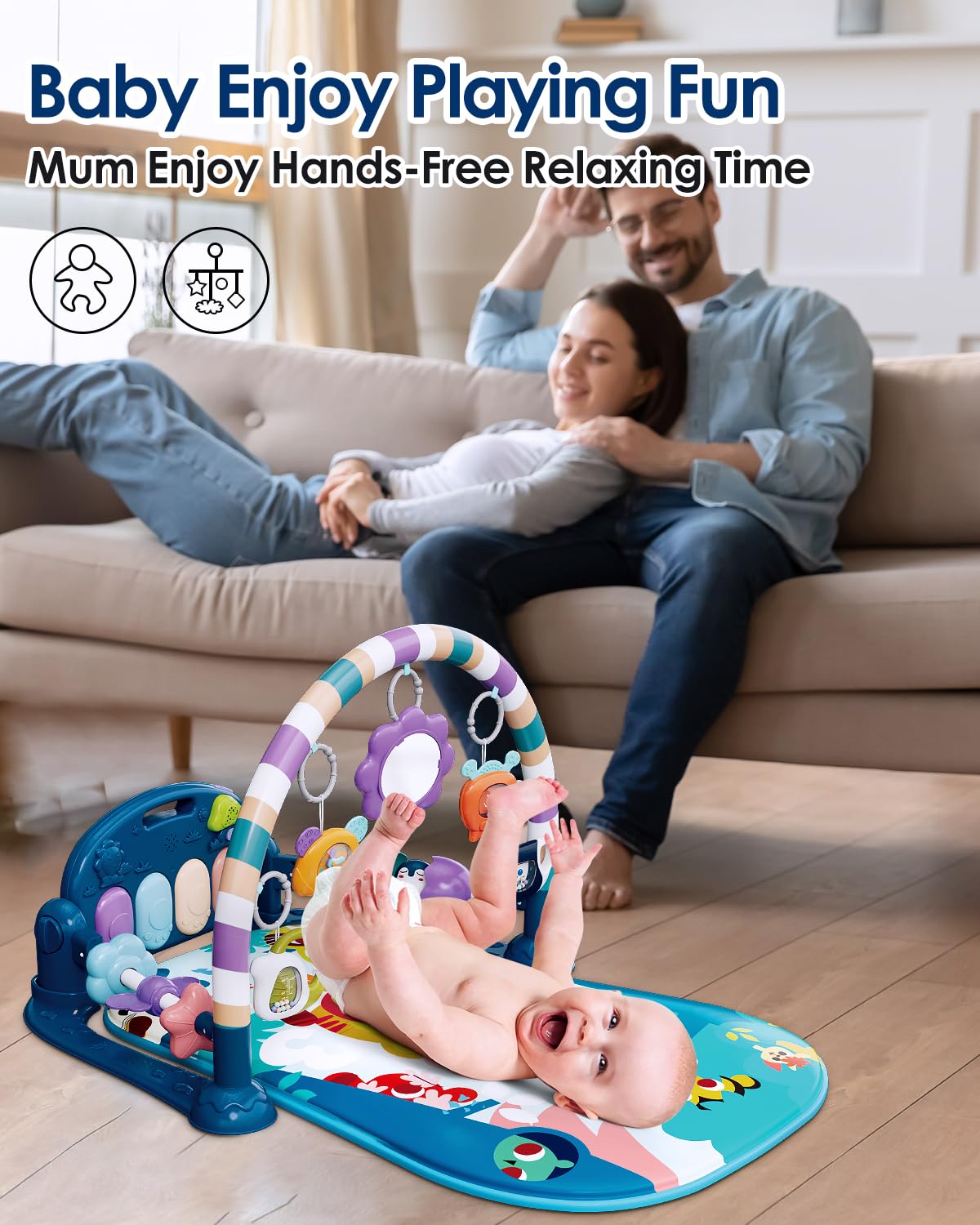 Dearlomum Baby Play Mat & Gym, Fun Piano Tummy Time Activity Mat with 5 Sensory Toys, Music & Lights - Boy & Girl Gifts, 0-12 Months (Blue)