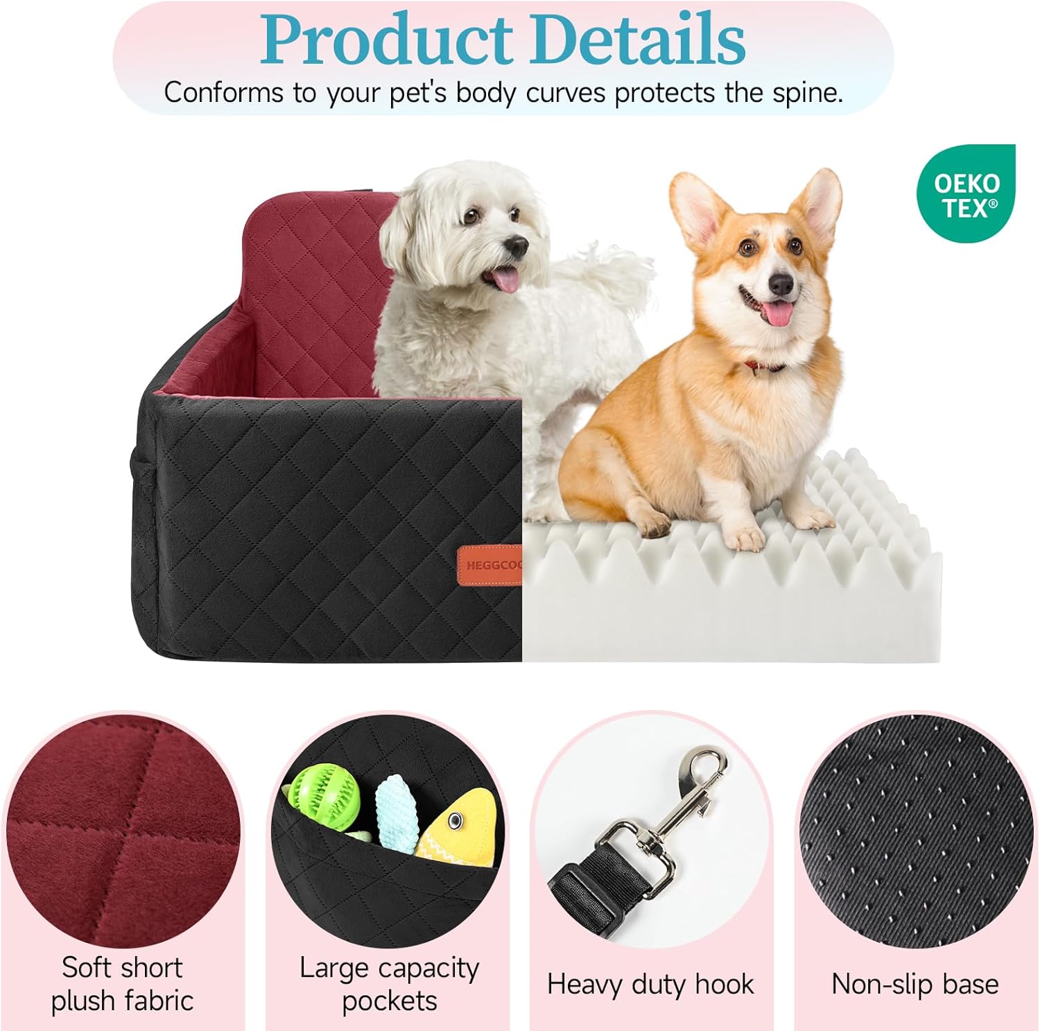 Dog Car Seat for Medium/Large Dogs, Pet Booster Seat for Under 55 lbs or 2 Small Dogs, Detachable & Washable Dog Car Bed for Backseat with 2 Safety Leashes (Blcak/red)