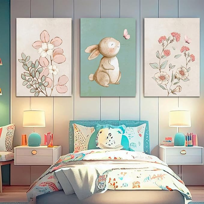 Dytila Framed Nursery Wall Art Set of 3, Pink Flower Botanical Pictures Wall Decor, Green Bunny Paintings, Cute Animal Canvas Prints for Girls and Boys Kids Room, Baby Room Decor 12x16 Inches