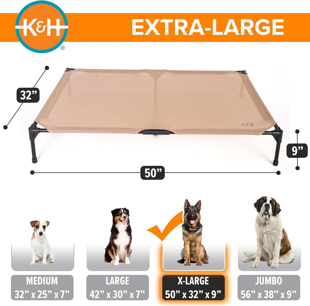 K&H Pet Products Outdoor Elevated Dog Cot, Cooling Raised Bed with Waterproof Breathable Mesh for Large Dogs, Portable Pet Bed with Heavy-Duty Metal Frame, Oversized Hammock Style - Extra-Large Tan