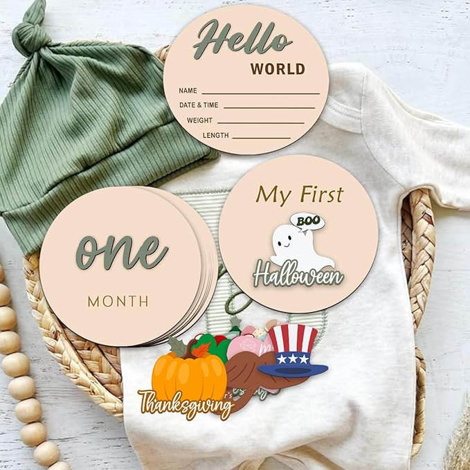 Monthly Baby Milestone Maker Discs, Baby Milestone Signs for Newborn Baby, Hello World Newborn Sign for Baby Girl & Boy, Baby Announcement Sign for 1-12 Month, Milestone Wooden Circles (Sage)