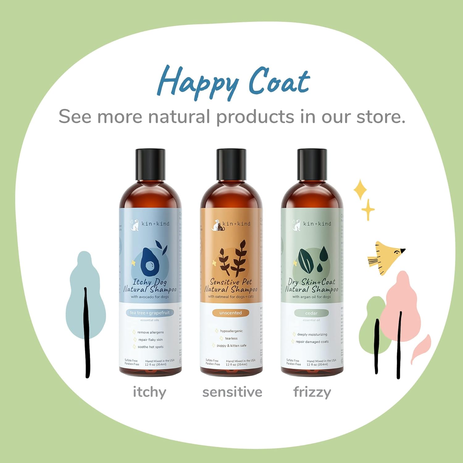 Oatmeal Shampoo for Dogs and Cats by kin+kind - Cat & Dog Shampoo for Sensitive Skin with Colloidal Oatmeal - Safe, Natural Formula with Olive Oil and Coconut Oil (12 fl oz) - Made in USA