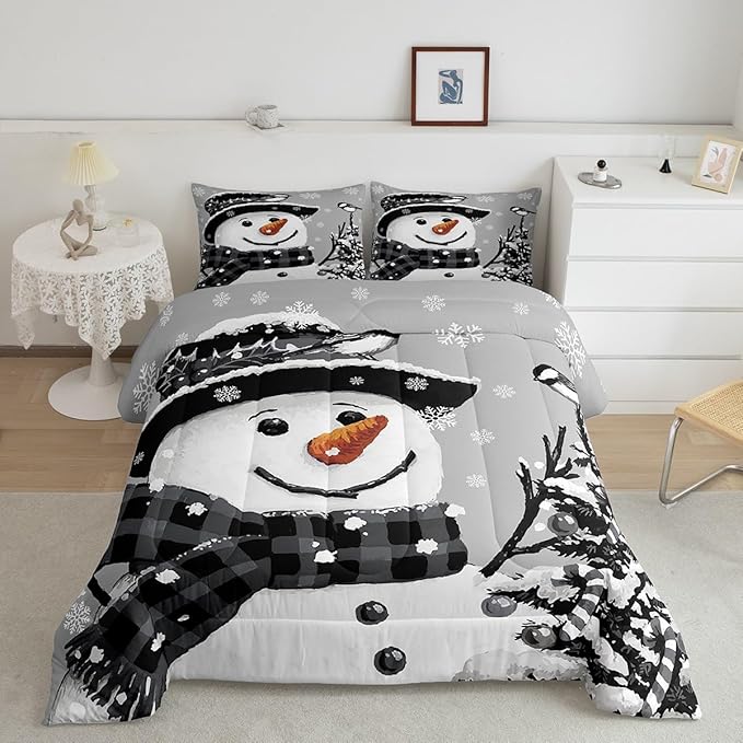 Feelyou Kids Christmas Theme Decorations Bedding Set Xmas Snowman Comforter Set for Boys Girls Snowflake Kawaii Cute Grey Bedroom Collection Full Size