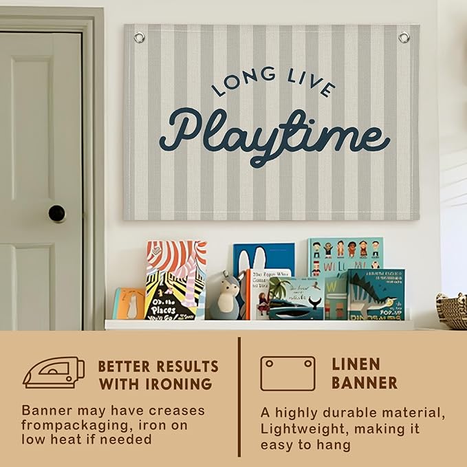 Lacama Playroom Decor, Play Room Wall Decor, Long Live Playtime Linen Banner Wall Hanging, Boho Beige Banner Flag Decor for Nursery Boys Room 30x20 Inch