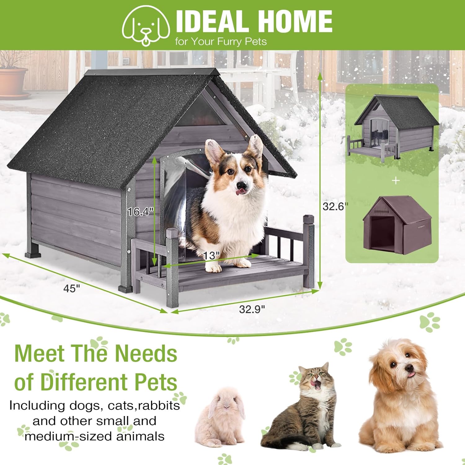 Metal Frame Dog House with Insulated Liner for Indoor & Outdoor Use - Large Dog Kennel with Weatherproof Roof & Foot Pads for Small, Medium & Large Dogs(Grey)